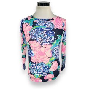 Lilly Pulitzer Aleah Top Womens 2XS XXS Pink Blue High Tide Navy Hey Hey Bouquet